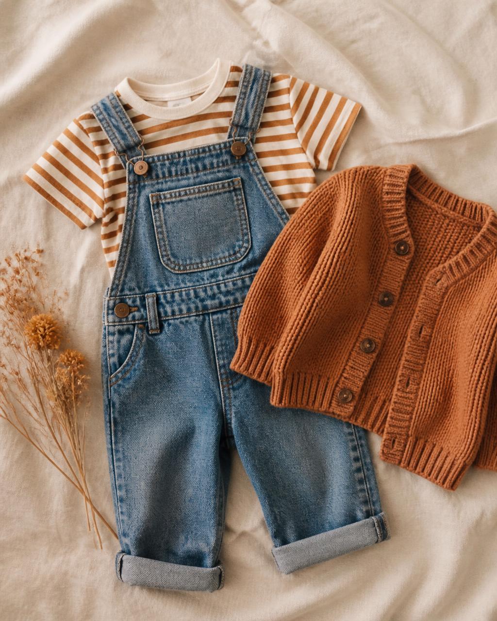 Jardineira jeans, camiseta listrada e cardigã de tricô do brechó infantil em Bauru