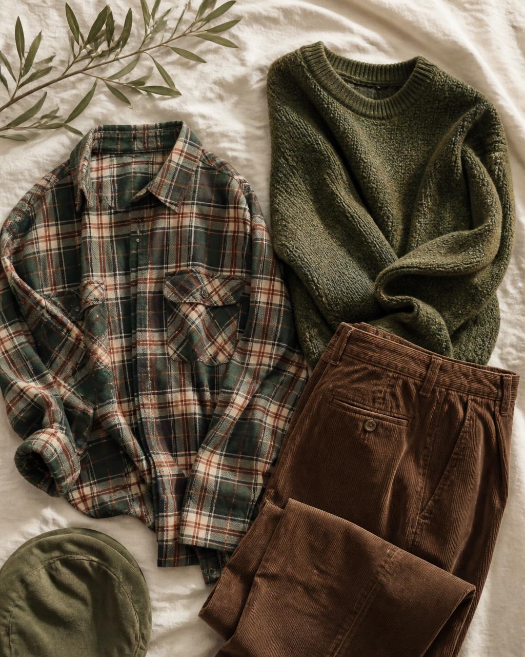 Camisa xadrez, tricô verde e calça de veludo do brechó masculino em Bauru